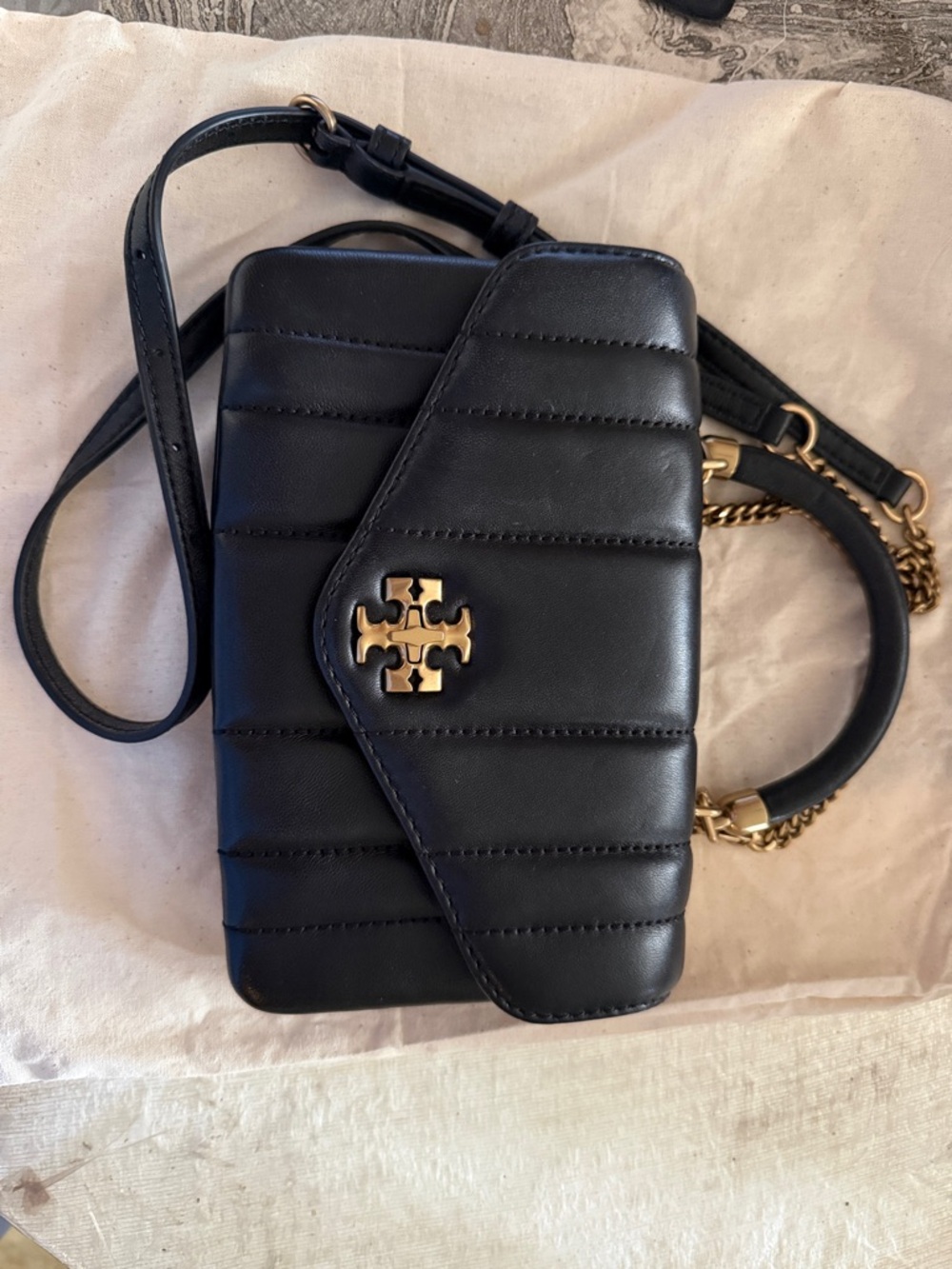 Tory Burch Black Quilted Leather Crossbody with Gold Logo Accent